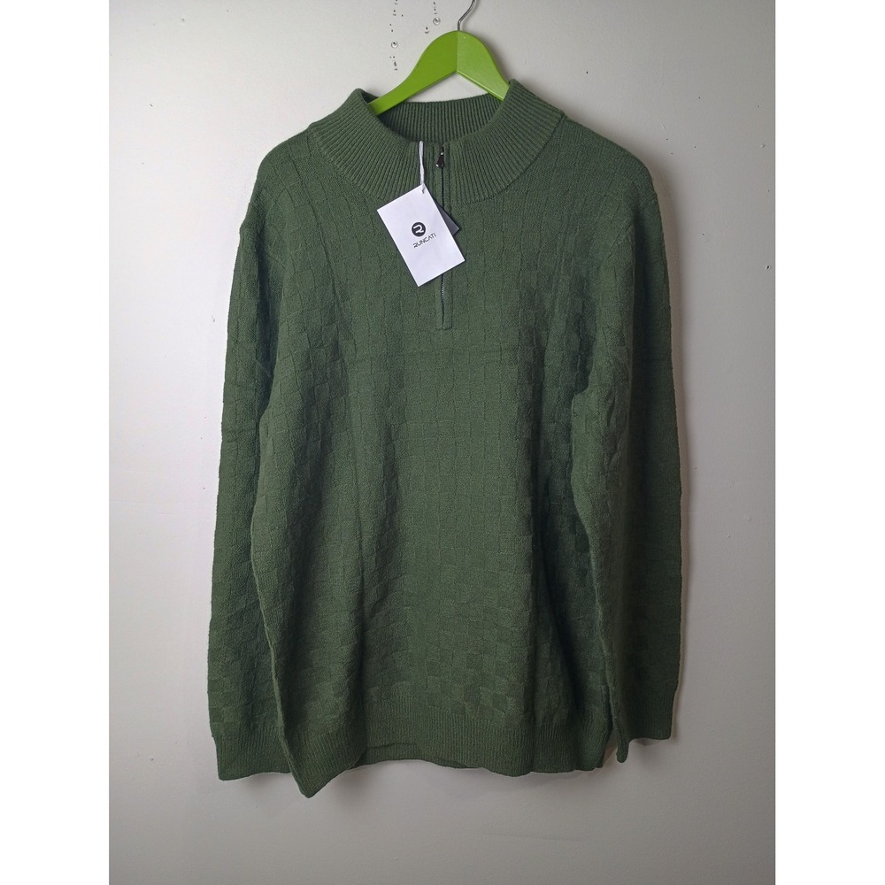 Runcati Womens Army Green Quarter Zip Checkerboard Textured Knit Sweater XL NEW